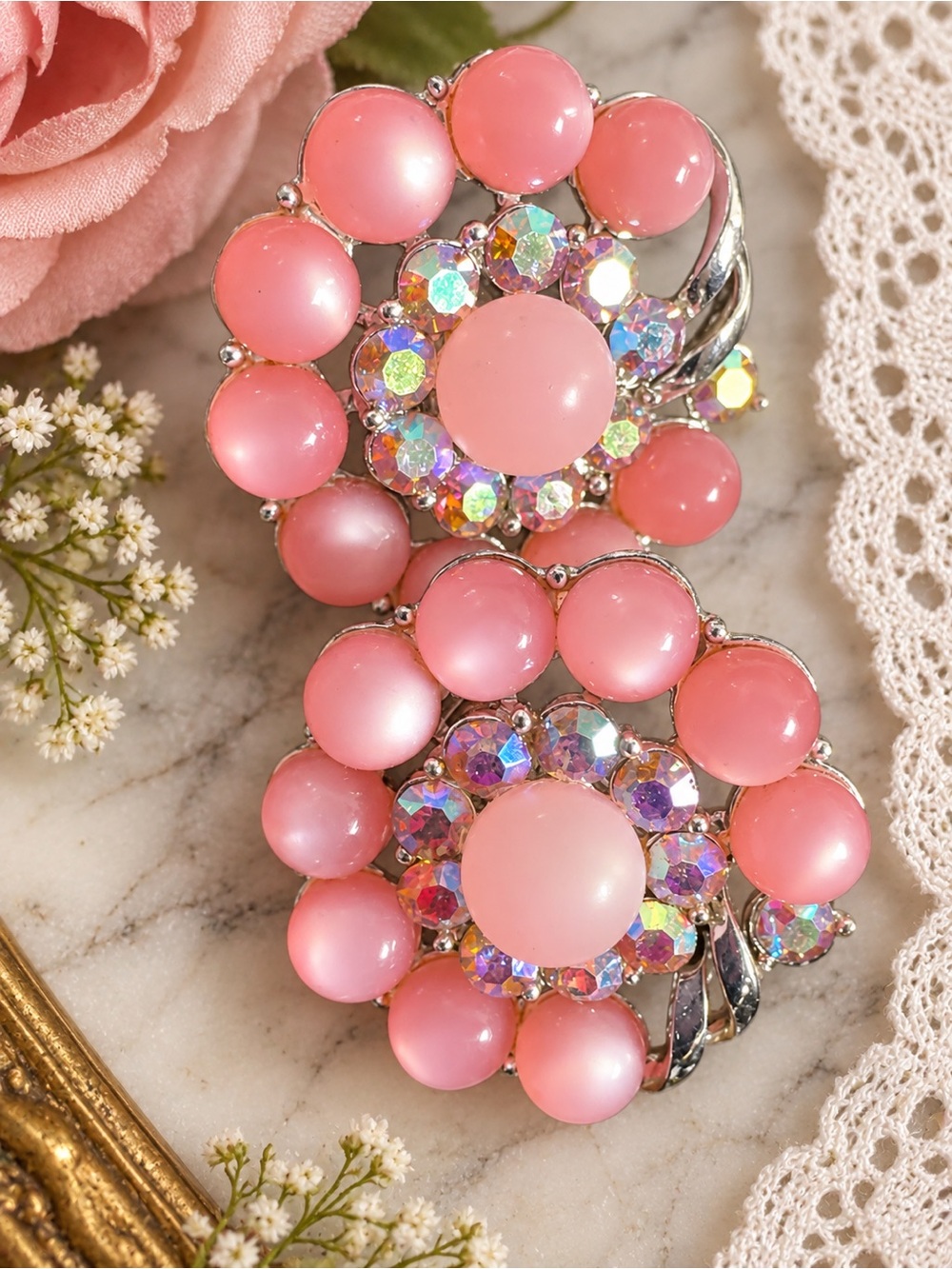 Vintage 1950s STAR Pink Cabochon AB Rhinestone Clip-On Earrings